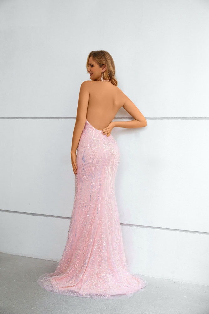 Long Sequins Pink Halter Neckline Formal Prom Evening Dress EN5616