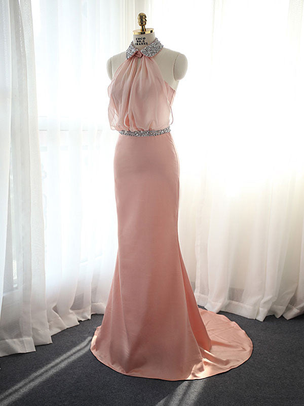Pink Halter Formal Evening Dress with Collar