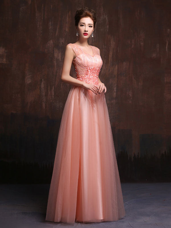 Modest Pink Floor Length Prom Dress Formal Evening Gown X019