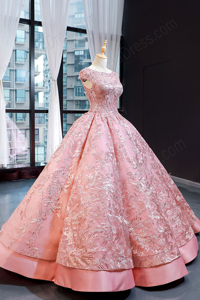 Pink Sparkly Short Sleeves Ball Gown Evening Dress RS2013