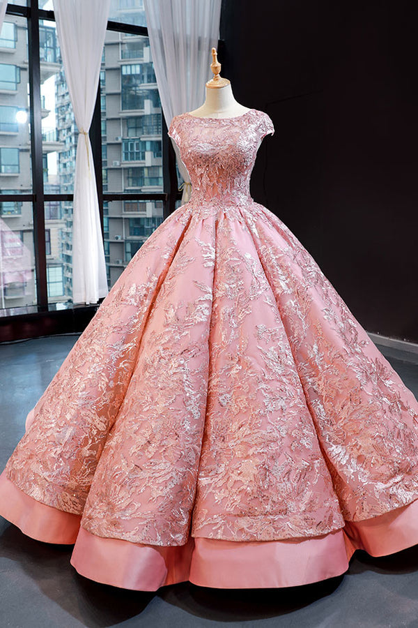 Pink Sparkly Short Sleeves Ball Gown Evening Dress RS2013