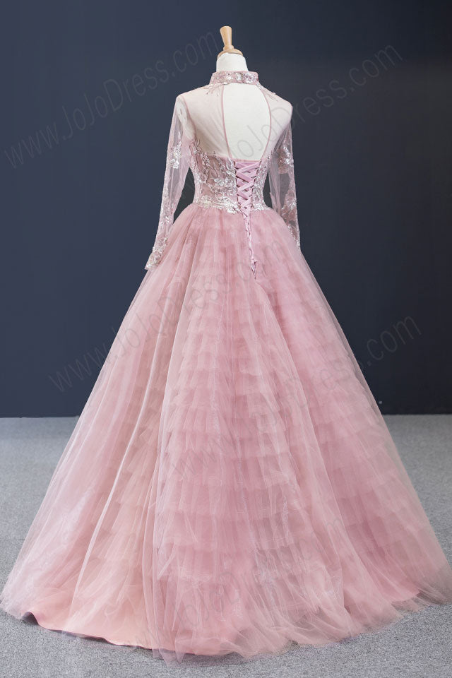 Pink Evening Dress with Illusion Neckline RS2016
