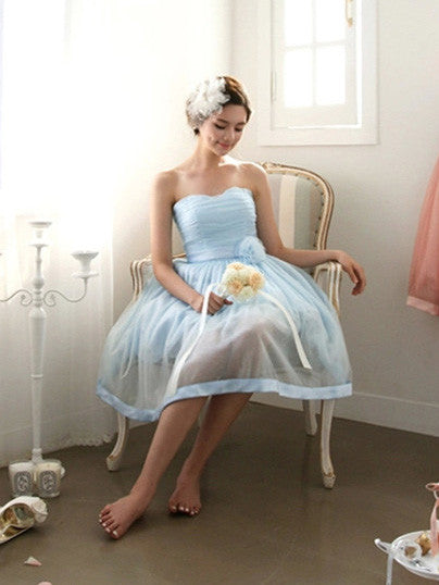 Powder Blue Strapless Vintage Style Bridesmaid Dress Semi Formal Dress BM104