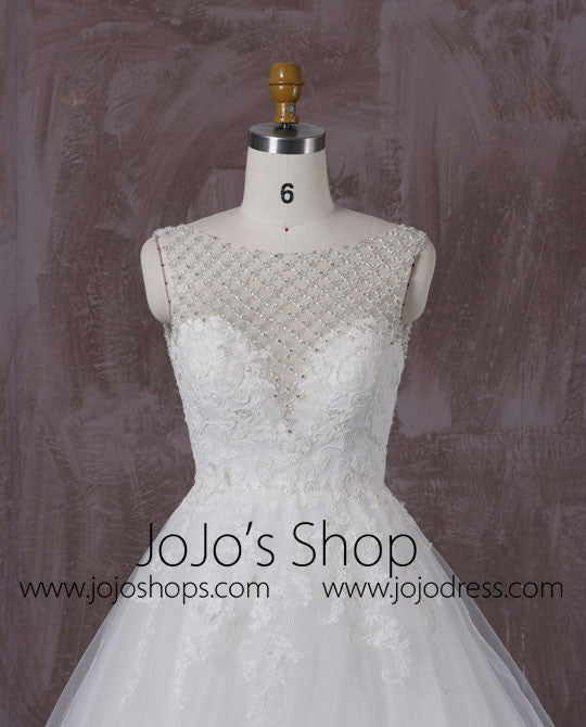 Lace Ball Gown Dress with Jeweled Neckline | QT85280