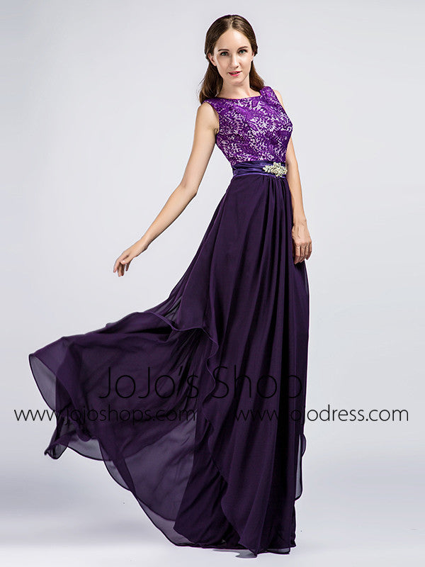 Long Purple Lace Formal Prom Evening Dress