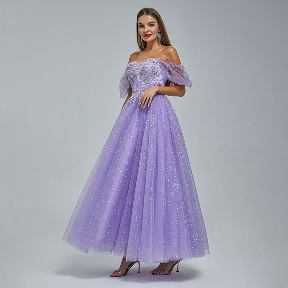 Purple Long Formal Prom Dress with Sparkly Skirt EN5303