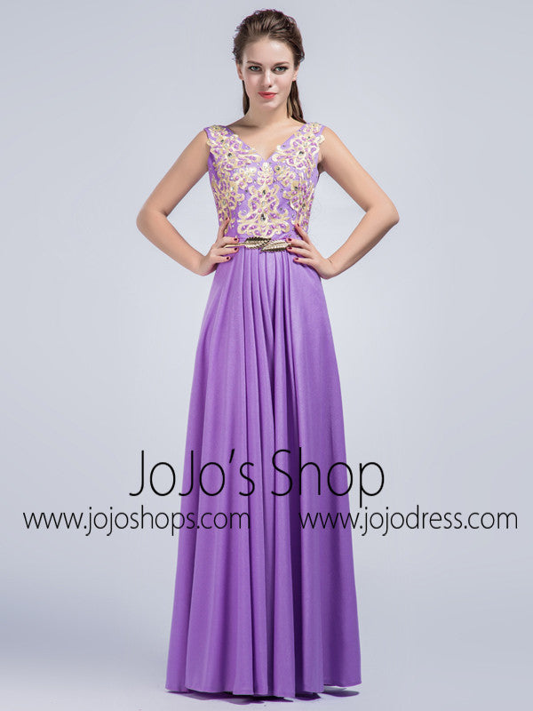 Purple V Neck Full Length Prom Formal Dress