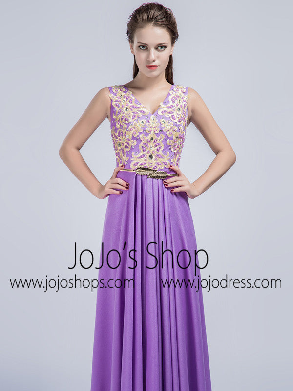 Purple V Neck Full Length Prom Formal Dress
