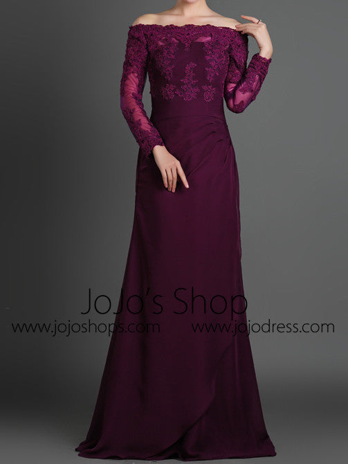 Purple Off Shoulder Lace Formal Evening Dress with Long Sleeves
