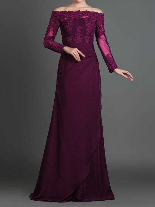 Purple Off Shoulder Lace Formal Evening Dress with Long Sleeves
