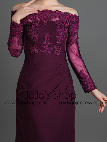 Purple Off Shoulder Lace Formal Evening Dress with Long Sleeves