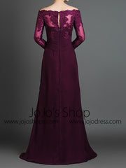 Purple Off Shoulder Lace Formal Evening Dress with Long Sleeves