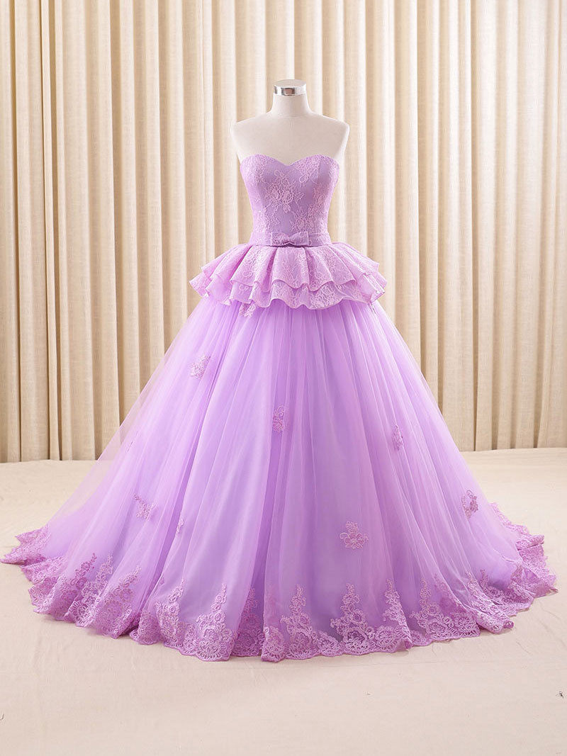 Strapless Purple Lace Ball Gown Formal Evening Gown RS201609