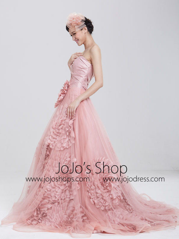 Strapless Dusty Pink Ball Gown Formal Evening Gown with Rosette 