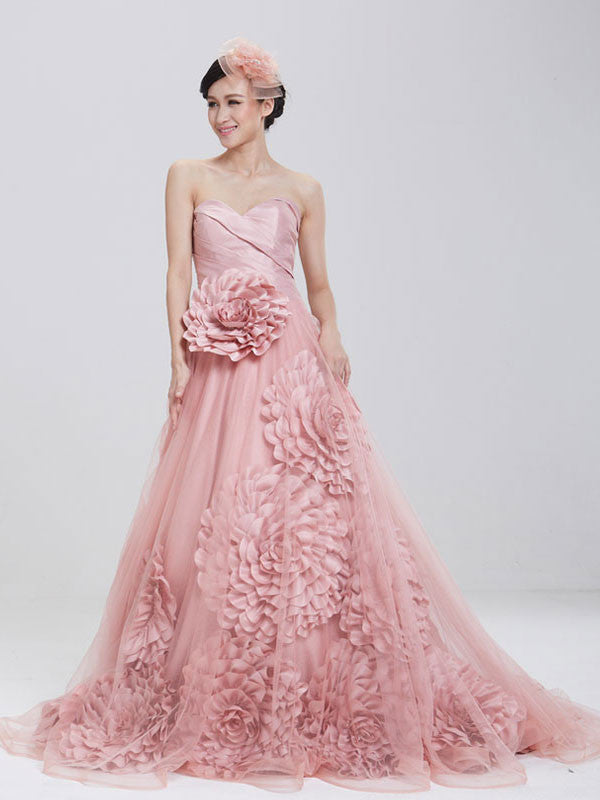 Strapless Dusty Pink Ball Gown Formal Evening Gown with Rosette 