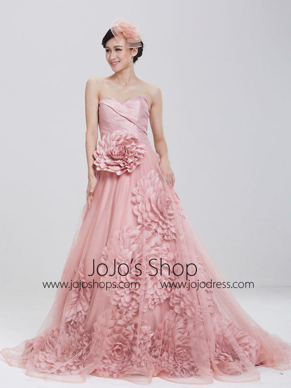 Strapless Dusty Pink Ball Gown Formal Evening Gown with Rosette 