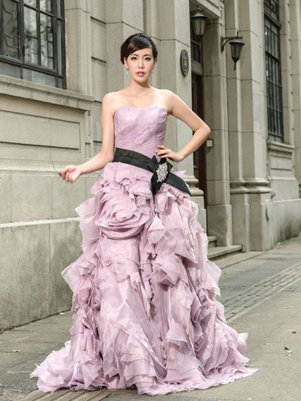 Purple Strapless Prom Performance Formal Evening Dress with Ruffle Skirt 