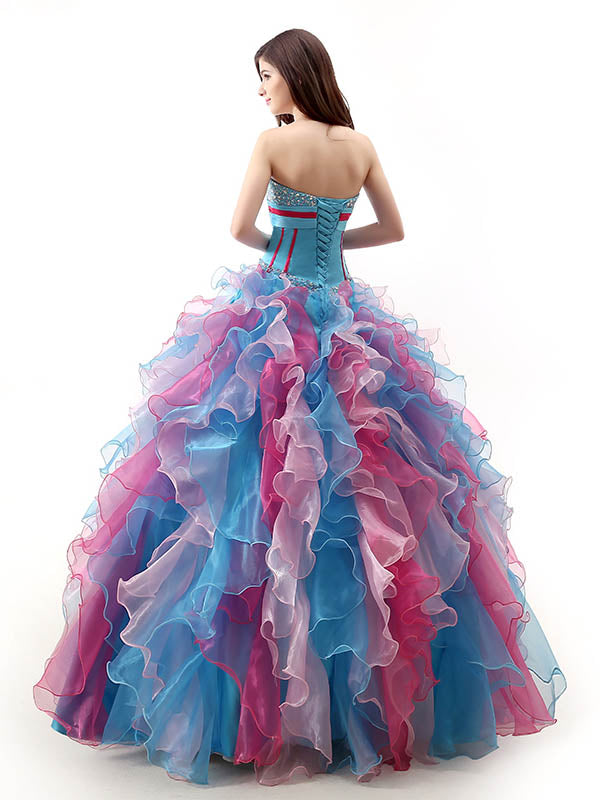 Strapless Rainbow Ruffles Quinceanera Ball Gown with Sweetheart Neckli