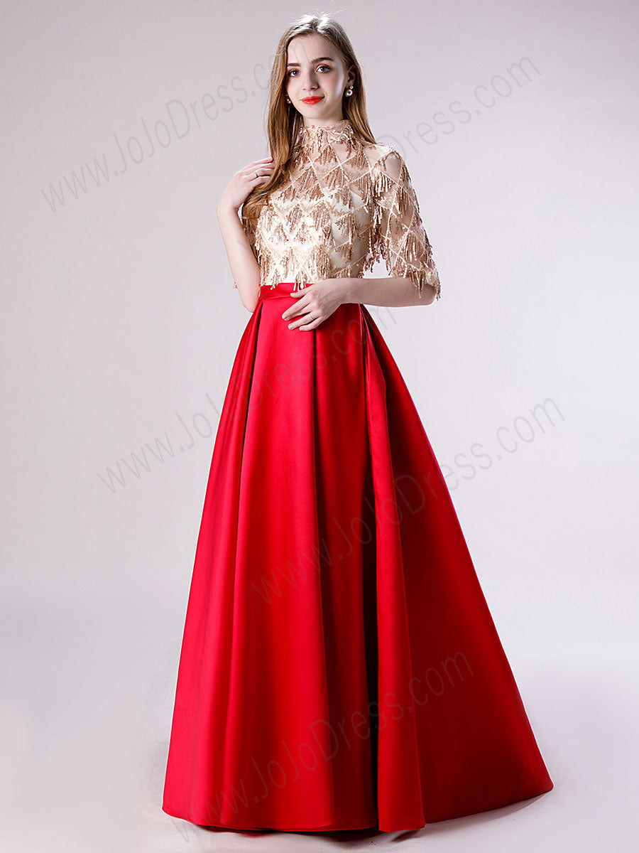 red prom dress with gold jewelry Burgundy Gold Applique Sweetheart Elastic Satin Prom Dress with High Slit