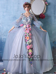 Long Sleeves Ball Gown Evening Dress with Colored Flowers | X035