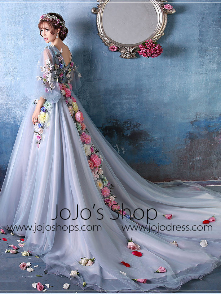 Long Sleeves Ball Gown Evening Dress with Colored Flowers | X035