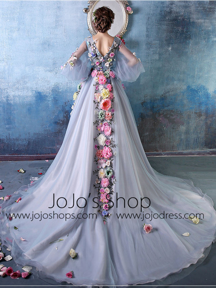 Long Sleeves Ball Gown Evening Dress with Colored Flowers | X035