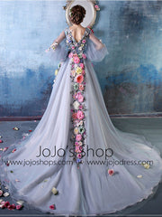 Long Sleeves Ball Gown Evening Dress with Colored Flowers | X035