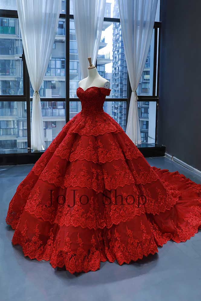 Red Lace Ball Gown Quincerea Formal Evening Dress RS210111