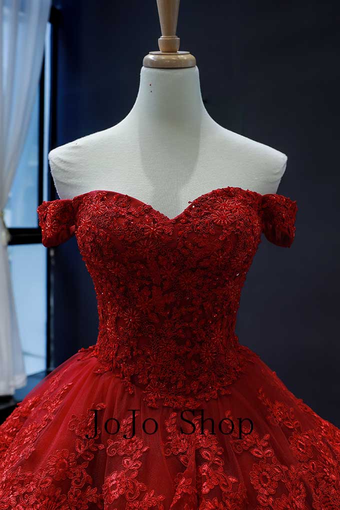 Red Lace Ball Gown Quincerea Formal Evening Dress RS210111