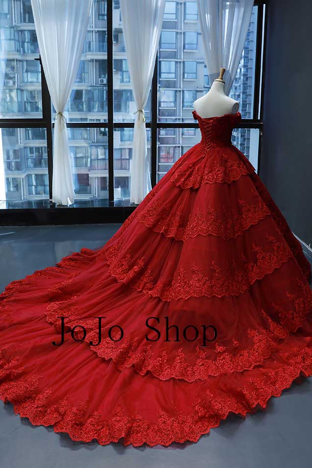 Red Lace Ball Gown Quincerea Formal Evening Dress RS210111