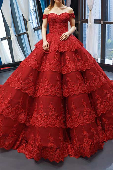 Red Lace Ball Gown Quincerea Formal Evening Dress RS210111