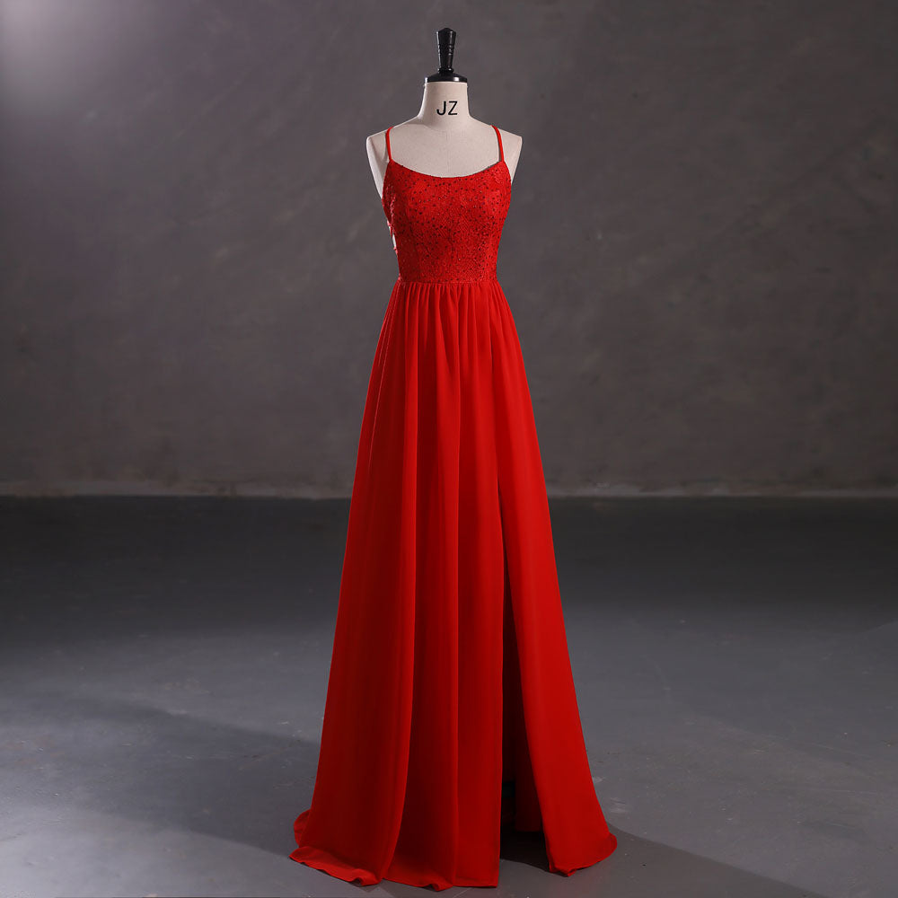 Long Red Chiffon Formal Prom Dress with Side Slit EN5404