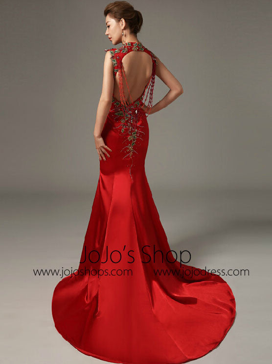 Red Fit and Flare Mermaid Satin Evening Dress with Open Back | LW2001