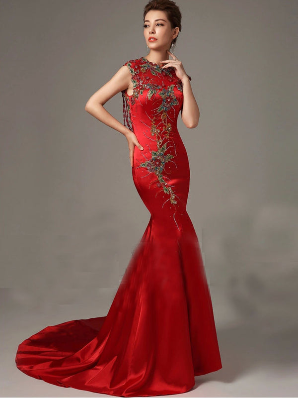 Red Fit and Flare Mermaid Satin Evening Dress with Open Back | LW2001