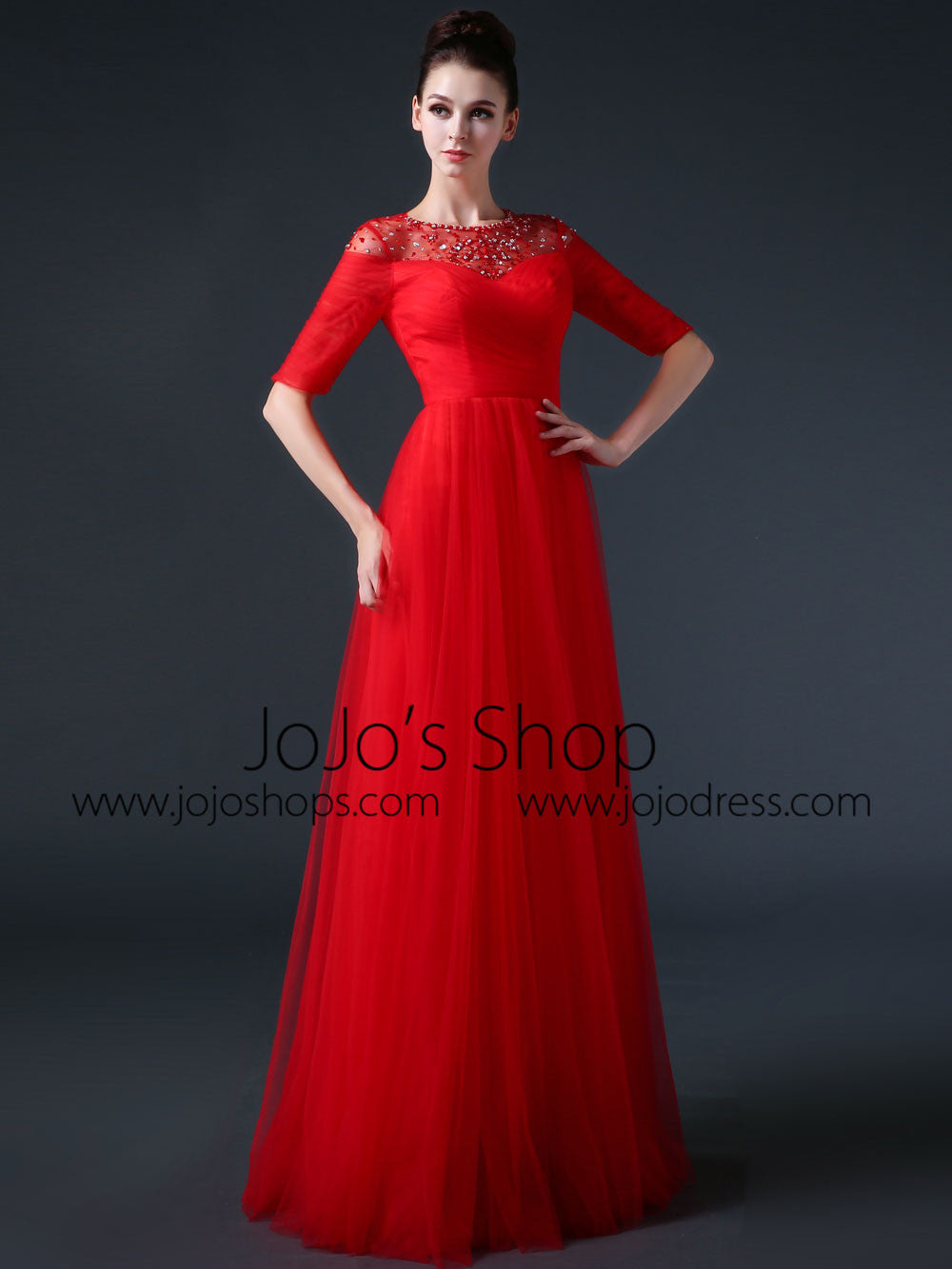 Red Modest Formal Prom Pageant Evening Dress with Sleeves CC3002