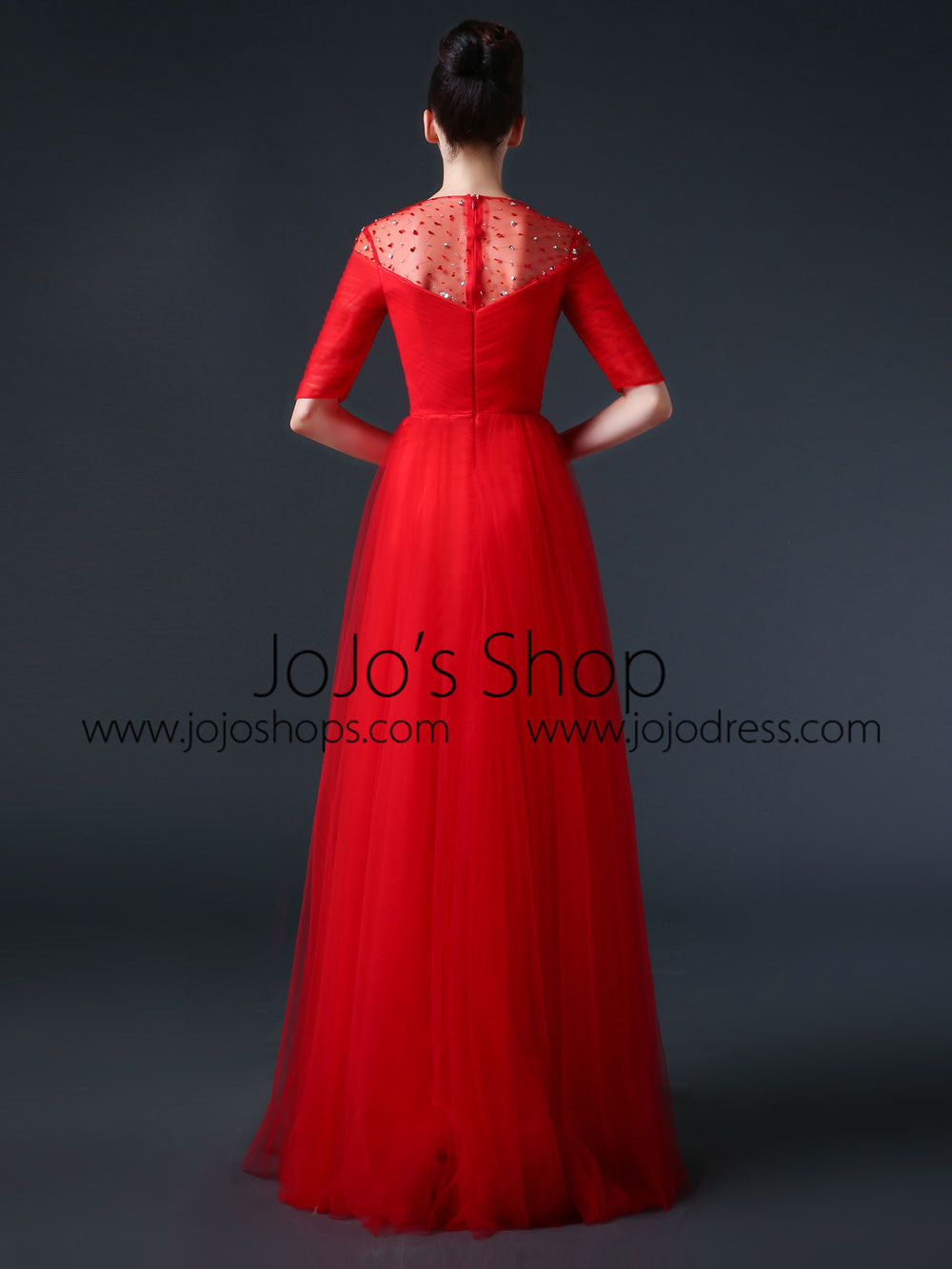Red Modest Formal Prom Pageant Evening Dress with Sleeves CC3002