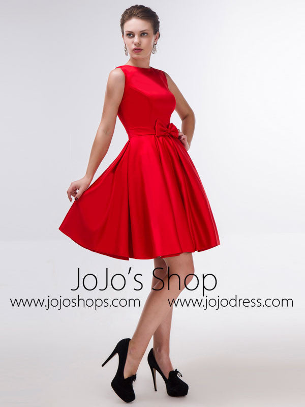 Modest Red Knee Length Formal Dress with Bow