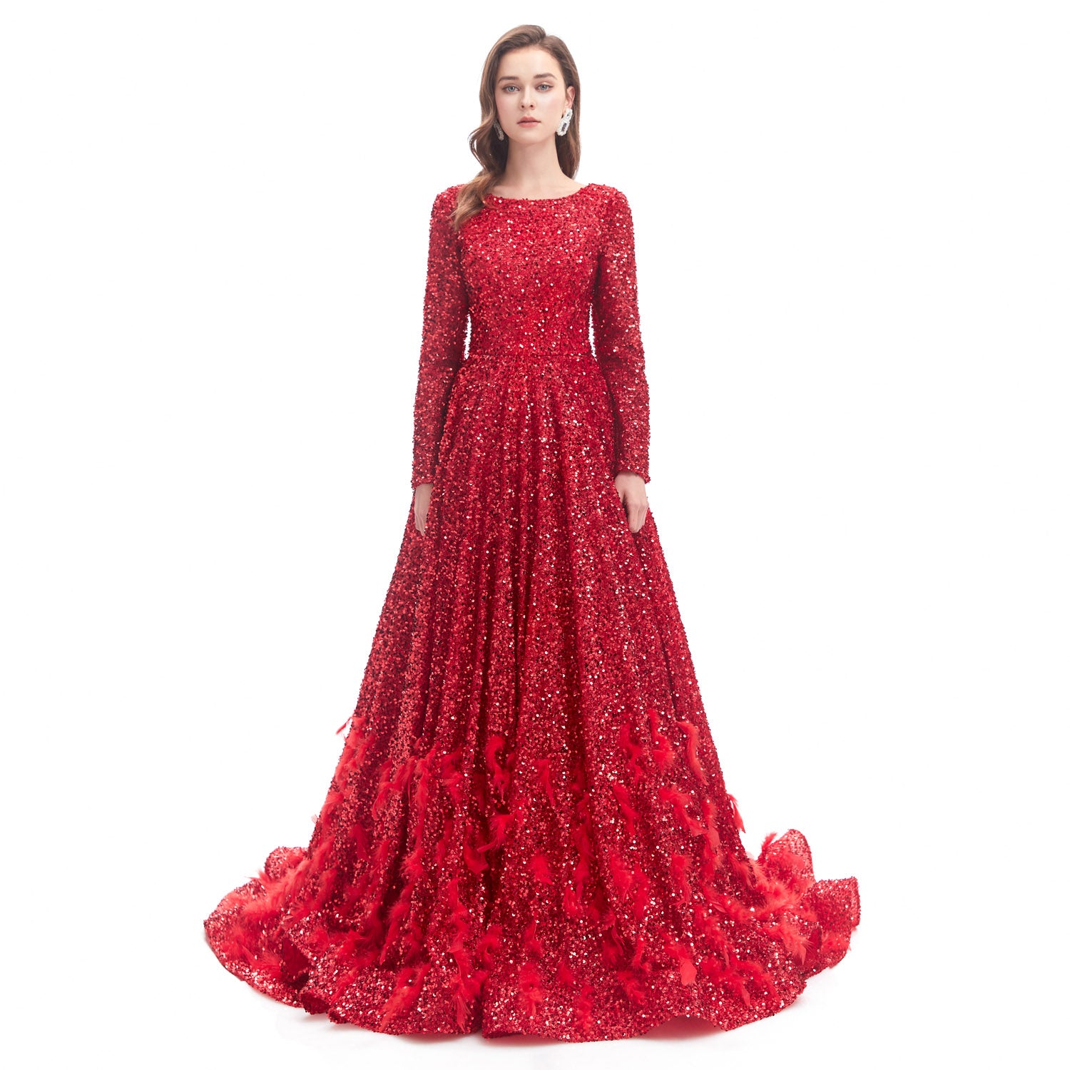 Crystal Long Sleeve Red Quince Dresses Off Shoulder Pearls Wedding Dre –  MyChicDress