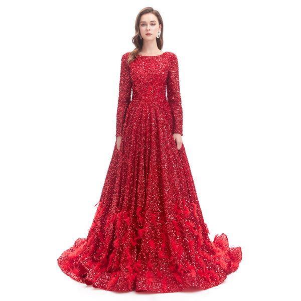 Modest Red Sequins Ball Gown Formal Dress EN4606