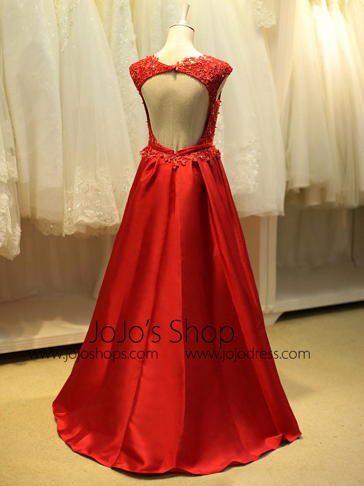Red Open Back Lace Formal Evening Dress