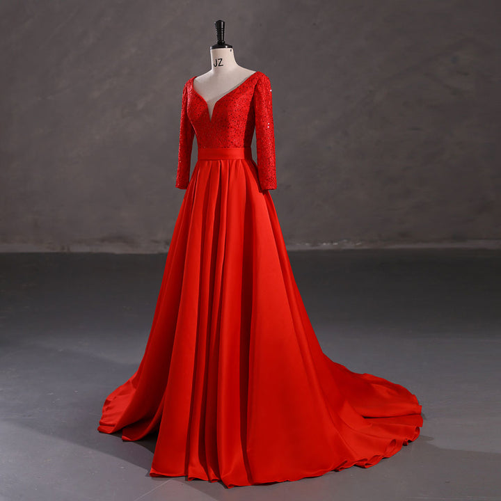 Red Satin Lace Ball Gown Formal Prom Dress EN5407