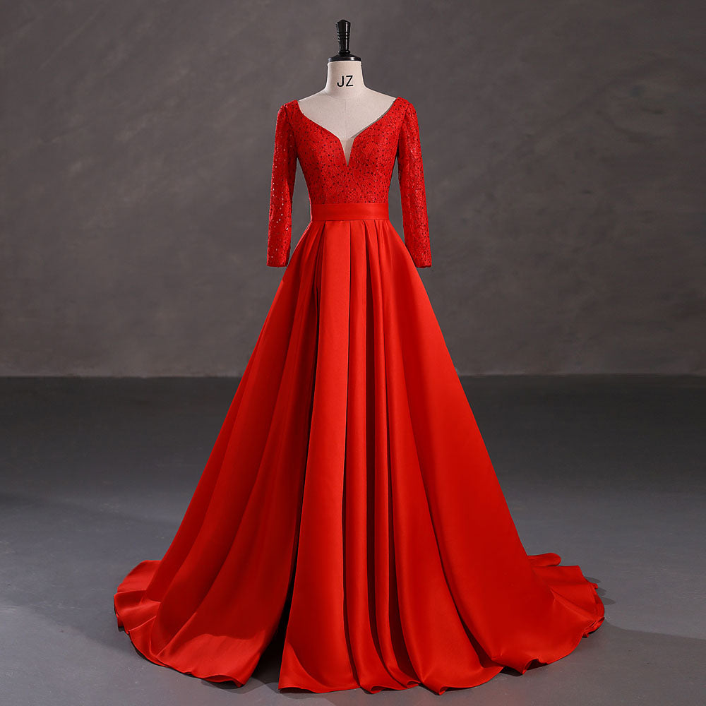 Red Satin Lace Ball Gown Formal Prom Dress EN5407