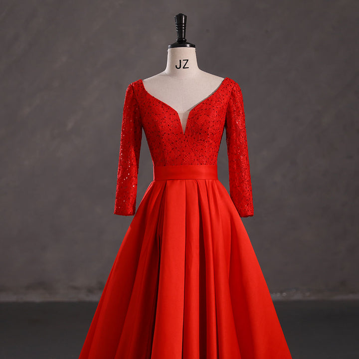 Red Satin Lace Ball Gown Formal Prom Dress EN5407