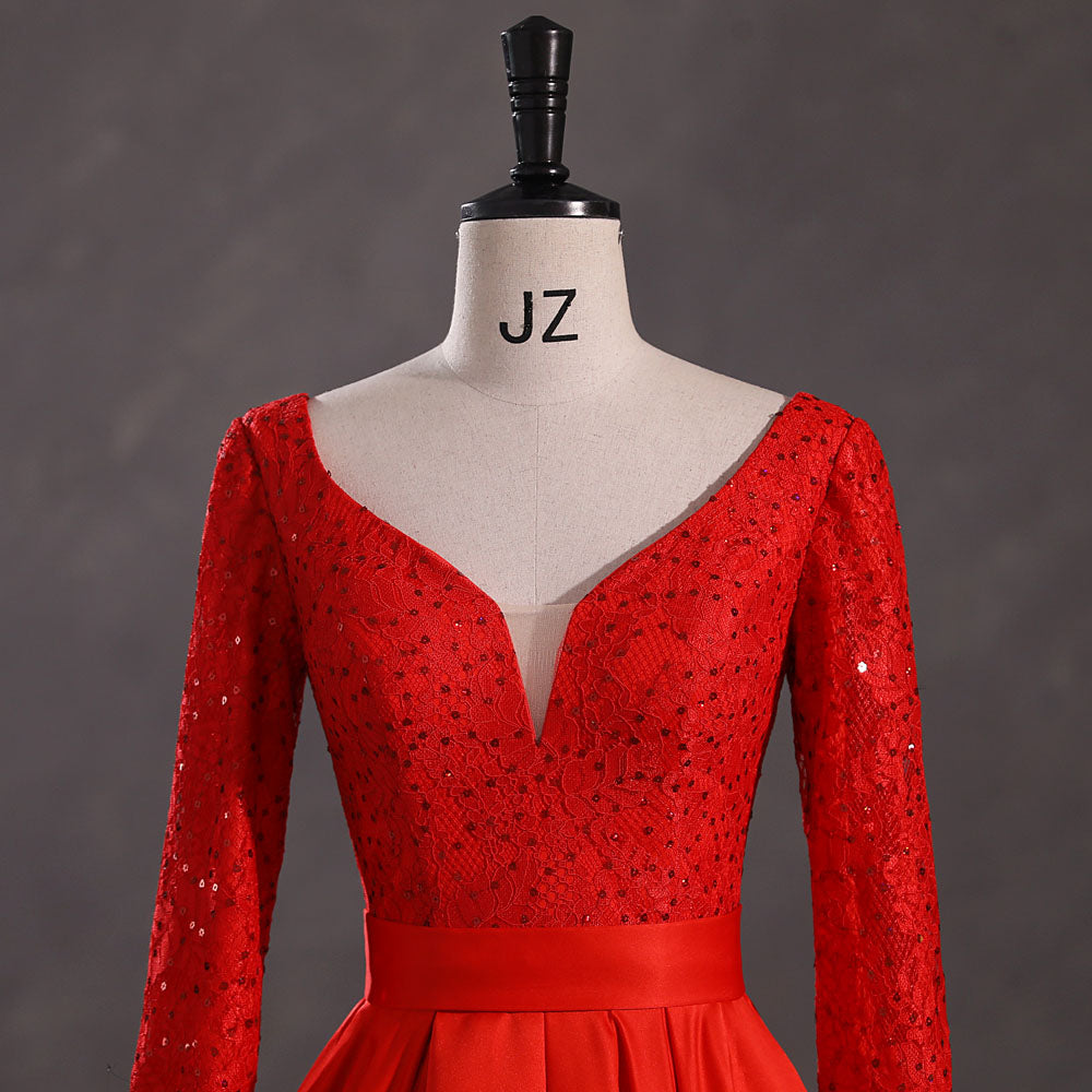 Red Satin Lace Ball Gown Formal Prom Dress EN5407