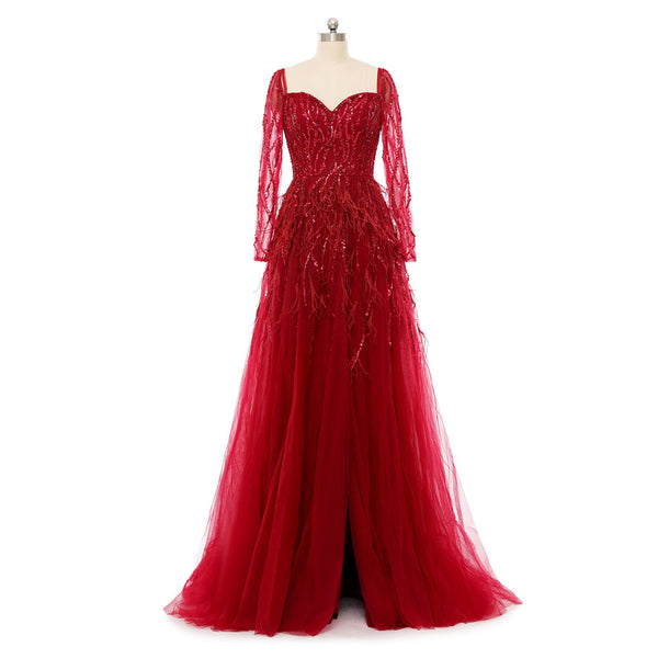 Scarlet Red Maxi Sequins Formal Evening Dress with Long Sleeves EN5503