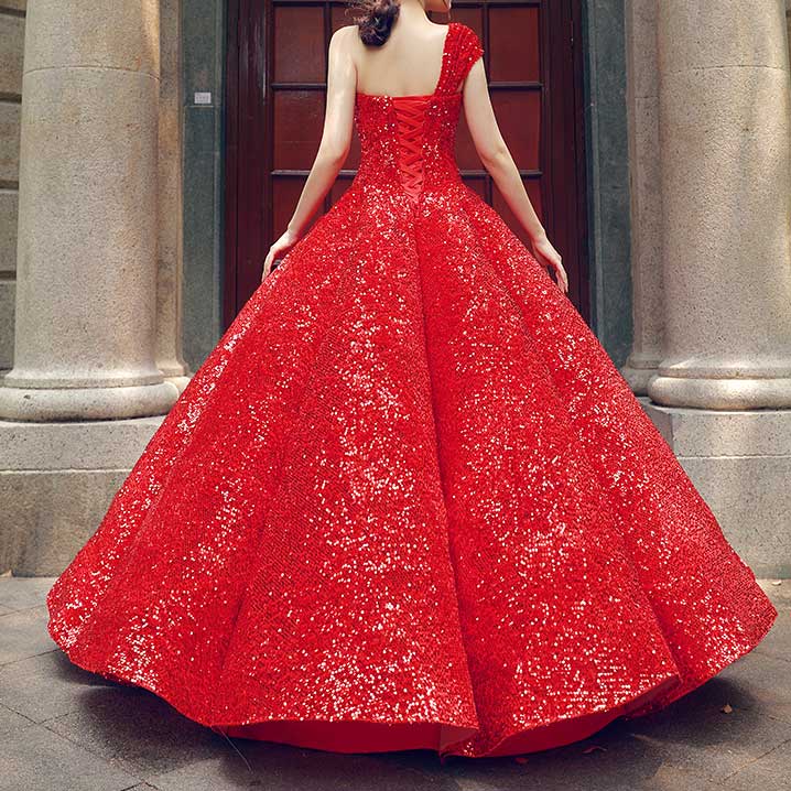 Red Sparkly Strapless Ball Gown Formal Evening Dress RS210109
