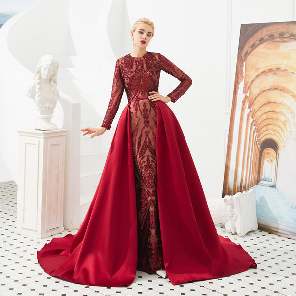 Modest Red Sequins Formal Gala Prom Evening Dress EN4813
