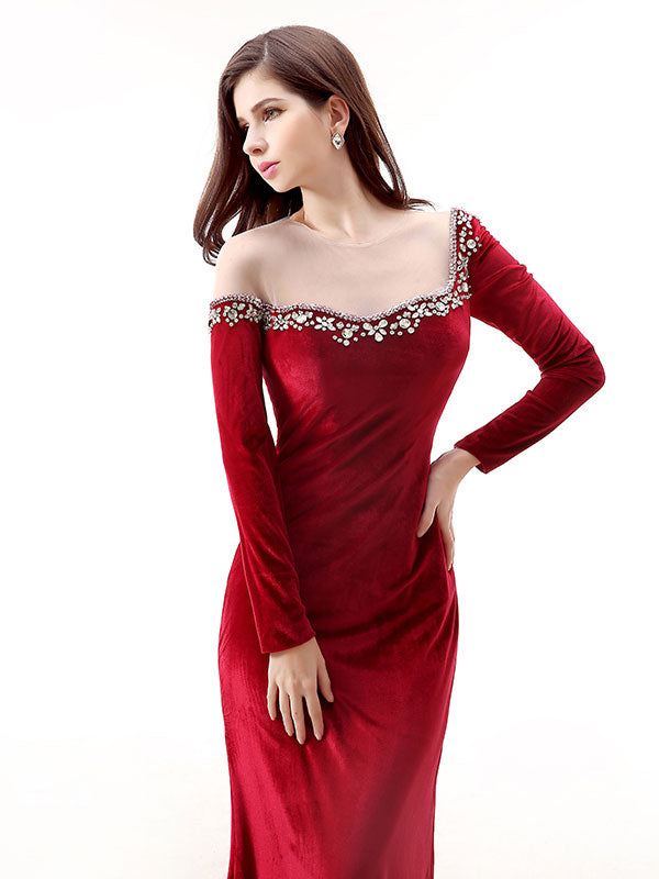 Red Velvet Long Sleeves Formal Prom Evening Dress EN145