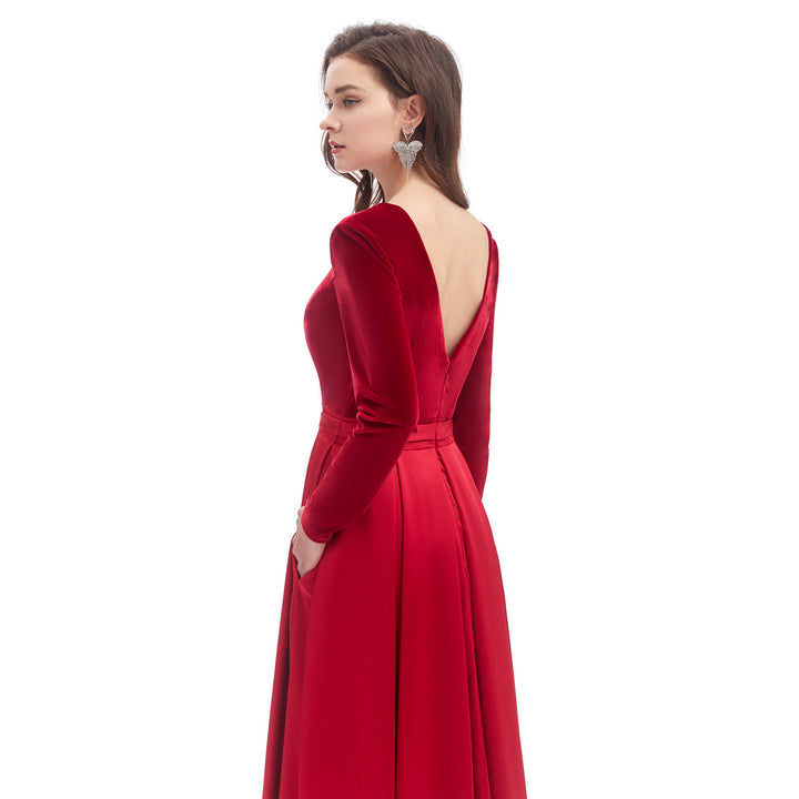 Red Velvet Maxi Formal Dress with Side Split EN4603