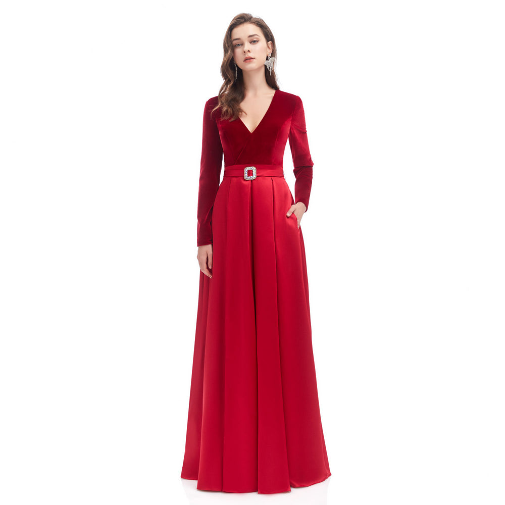 Red Velvet Maxi Formal Dress with Side Split EN4603